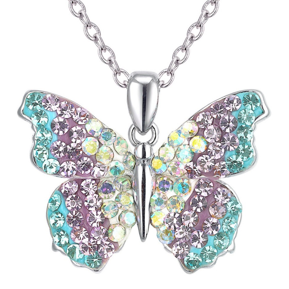 Crystal Silver Plated Iridescent Butterfly Pendant Necklace GIFT BOX Anniversary